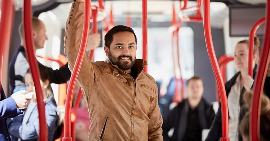 Person on Canberra Metro light rail vehicle looking at camera